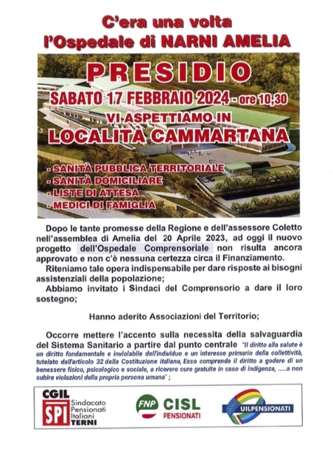 Ospedale Narni-Amelia: domani il presidio dei sindacati pensionati a Camartana